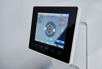 Image showing Optometry, healthcare and digital screen for eye exam, vision test and optical assessment in clinic. Medical care, ophthalmology and optometrist machine for retina, eyesight and eyes scan on monitor