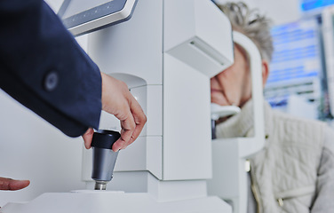 Image showing Ophthalmology, medical and eye exam with patient and doctor for healthcare, vision or consulting. Technology, medicine and optometry with senior woman and retinal screening for optician and treatment