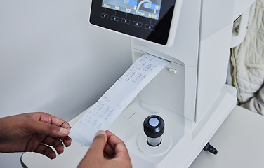 Image showing Ophthalmology, healthcare and printing with hands of person and machine for medical, information or eye care. Lens, medicine and technology with expert and lensmeter for diagnostic, test or optometry