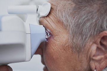Image showing Optometry, eye exam and medical with old woman and consulting for healthcare, vision or glaucoma. Ophthalmology, prescription and technology with senior patient and machine for test, check or results