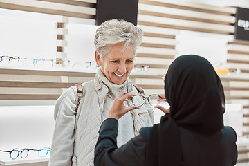 Image showing Glasses, vision and consulting with a senior woman in an optician office for prescription lenses. Eyewear, eyesight and fashion with a mature customer buying new frame spectacles at the optometrist