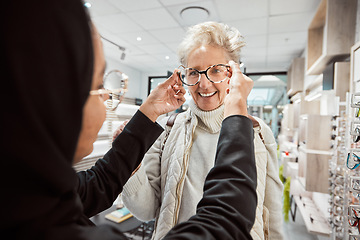Image showing Eyewear, vision and optometry with a senior woman in an optician office for prescription lenses. Glasses, eyesight and fashion with a mature customer buying new frame spectacles at the optometrist