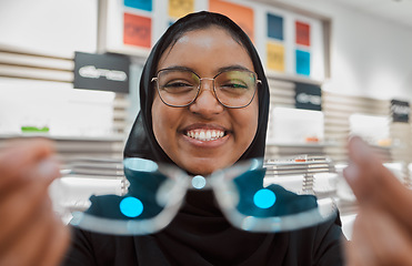 Image showing Optometry, glasses and vision with portrait of Muslim woman for eye healthcare, retail and medical for you. Consulting, frame and smile with optician for prescription, medicine and treatment