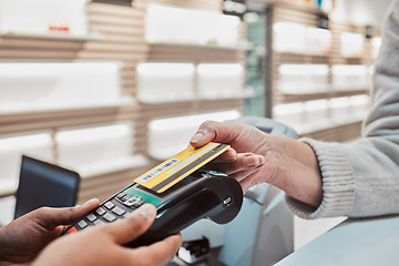 Image showing Hands, credit card and machine for payment, banking transaction or ecommerce at eye clinic or store. Hand of customer tapping debit in transact for purchase, electronic pay or POS at optometry shop