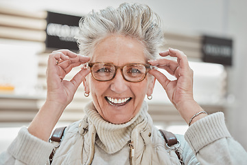 Image showing Eye care, senior woman and glasses portrait of a patient shopping for vision lens or frame. Happy customer with a smile for decision on optometry product choice for eyes and wellness in optics store