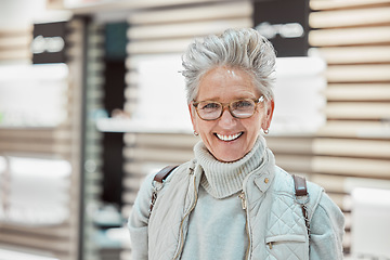 Image showing Elderly woman, glasses and eye care portrait of a patient shopping for vision lens or frame. Face of happy customer person with smile for optometry eyewear product choice for eyes in optics store