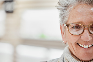 Image showing Senior woman, glasses and portrait with mockup space for eye care with vision lens or frame in optics shop. Happy customer or patient person advertising optometry product choice for eyes and wellness