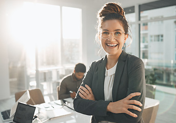 Image showing Portrait of happy business woman in office management, company vision and excited career opportunity, goals and leadership. Professional worker or person proud for workflow, mission and job integrity