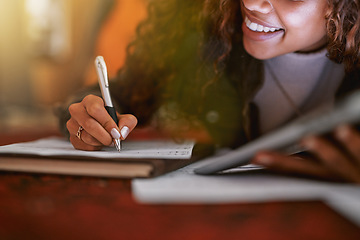 Image showing Musician, hands or song writing paper and tablet in recording studio for album, night performance or radio industry. Zoom, happy or singer woman with artist sheets of production, singing or jazz idea