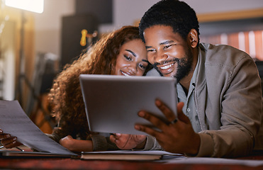 Image showing Music, songwriter and tablet with black couple in recording studio for creative, lyrics planning or internet. Production, technology and social media with man and woman for musician, audio or digital