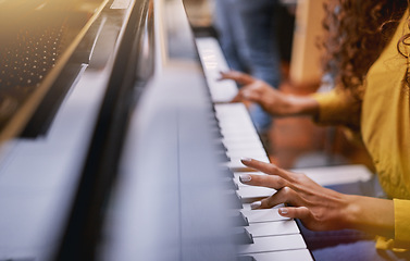 Image showing Musician woman, hands or playing piano in studio album recording, organ learning or jazz education for label industry. Zoom, fingers or singer on pianist instrument for radio, theater or production