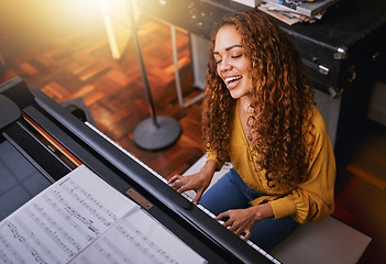 Image showing Musician, piano or singing woman in studio album recording, night performance or theatre practice for jazz label industry. Smile, happy or singer and pianist instrument for creative radio in top view