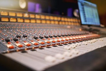 Image showing Sound board, music and production in recording studio with creativity and audio equipment. Mixing console with buttons, dj and technology with art, amplifier and produce song with entertainment