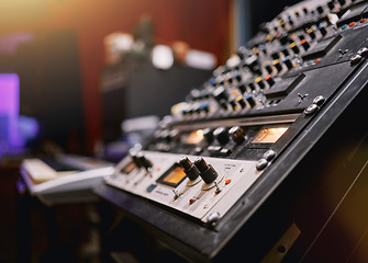 Image showing Sound board, music and production in recording studio with closeup, creativity and audio equipment. Mixing console, dj and technology with art, amplifier and produce song with entertainment