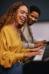 Image showing Friends, musicians and playing piano in studio album recording, night learning or education coaching for label industry. Smile, happy and singer woman with pianist instrument for radio collaboration