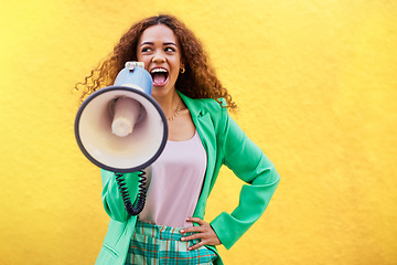 Image showing Woman, megaphone and announcement on yellow background of speech, review and mockup. Female, attention and voice for audio, news and broadcast of opinion, mock up space and gen z talking on speaker