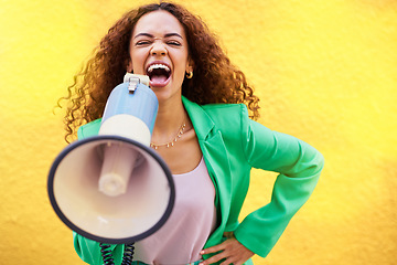 Image showing Woman, megaphone and protest on yellow background of speech, announcement and screaming noise. Female broadcast voice for human rights, justice and news for attention, opinion and gen z speaker sound