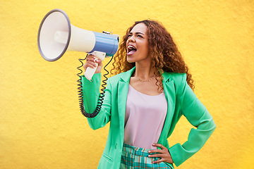 Image showing Megaphone, woman and shouting on yellow background of speech, broadcast and protest noise. Female, announcement and screaming voice for justice, news and attention of opinion, gen z speaker and power