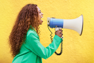 Image showing Megaphone, woman and screaming on yellow background of speech, broadcast and protest noise. Female, announcement and shouting voice for justice, news and attention of opinion, gen z speaker and power