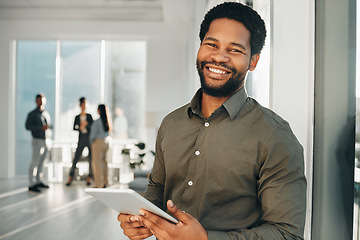Image showing Portrait, digital tablet and black man in office happy, smile and empowered, ambition and mindset. Face and business man or ceo at startup company for management or online project at workplace