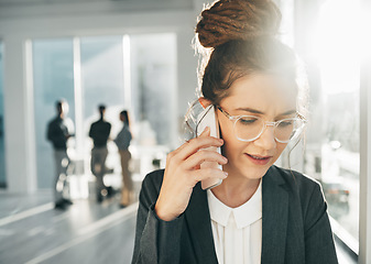 Image showing Anxiety, stress and phone call of businesswoman in office with worry, confused face and mobile. Worried female worker talking on smartphone, conversation and communication of risk, crisis and problem
