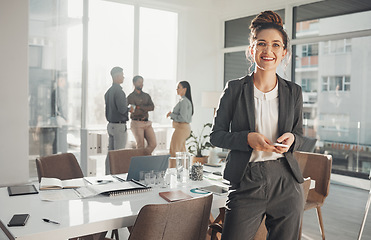 Image showing Business woman, portrait and phone in boardroom, meeting room and busy office in Sweden. Happy worker typing on smartphone app, notification or contact management of corporate career, mobile or smile