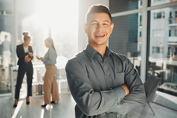 Image showing Leader, portrait and businessman proud in office happy, smile and empowered, ambition and mindset. Face, vision and male ceo at startup company for management, mission and productive coworking space