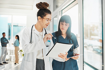 Image showing Woman, doctor and team with document in planning, strategy or ideas by window for healthcare notes at clinic. Female doctors or nurse checking paperwork together for medical information at hospital