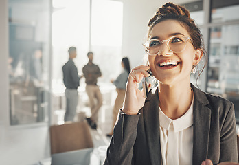 Image showing Phone call, business and woman in office for communication, negotiation and mobile networking. Happy female worker talking on smartphone for contact us, consulting face and conversation on technology