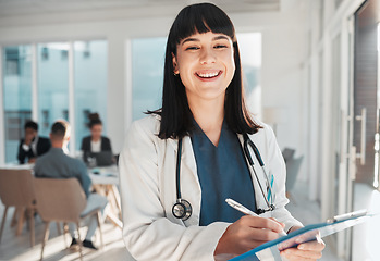 Image showing Doctor, woman and portrait smile with checklist in hospital for research or wellness report. Healthcare clinic, planning and happy female medical professional laughing with clipboard to write notes.