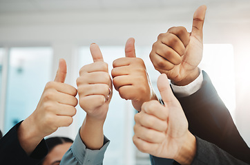 Image showing Thumbs up, success closeup and group of people winning, support or thank you hands sign. Yes, like or winner team, business employees and vote, teamwork agreement and well done emoji in collaboration