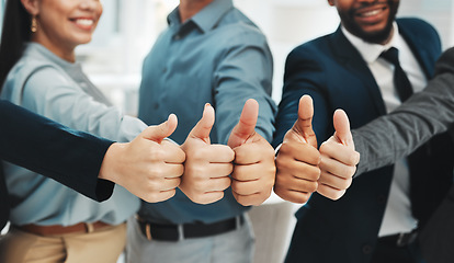 Image showing Thumbs up, success and group closeup or people winning, support or thank you hands or emoji. Yes, like or winner with diversity employees for team building, agreement vote or teamwork collaboration