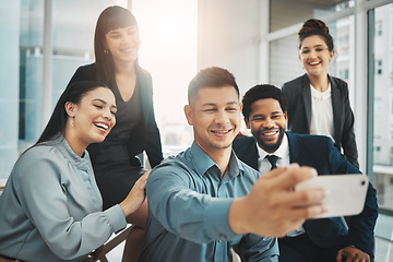 Image showing Office, selfie and business people with smartphone for photo, profile picture or social media homepage. Team, work and friends relax, smile or pose for pictures while having fun and bonding in office