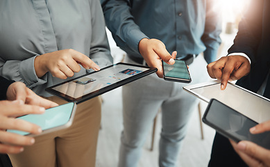 Image showing Business people, hands and networking on mobile devices for data sharing, collaboration or app at office. Hand of group working on technology for communication, social media or marketing at workplace