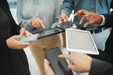 Image showing Business people, hands and networking on mockup screen for data sharing, collaboration or app at office. Hand of group working on technology in social media communication with display for marketing