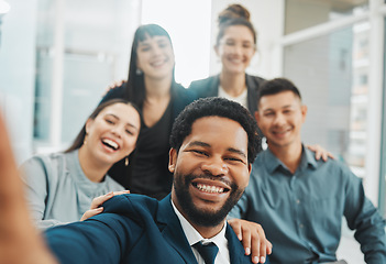 Image showing Selfie, portrait and business people smile for photo, profile picture or social media homepage update. Team, face and friends relax, happy or pose for pictures while having fun and bonding in office