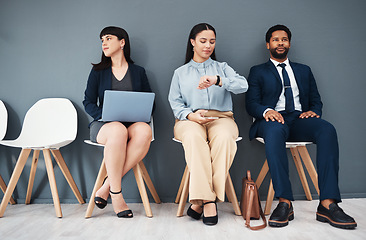 Image showing Recruitment, job interview and time with business people in waiting room for schedule, hr or consulting. Hiring, networking and clock with employee for search, countdown or watch with wall background