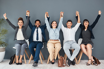 Image showing Success, hiring and recruitment with business people in waiting room for winner, job interview and hr meeting. Happy, teamwork and networking with employee for support, diversity and community