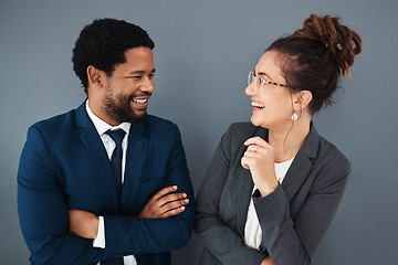 Image showing Partnership, friends and networking with business people laughing for teamwork, support and communication. Happy, funny and diversity with black man and woman for conversation, corporate and social