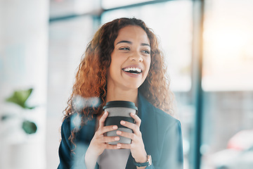 Image showing Business, happy woman and thinking with coffee, office and excited opportunity, ideas or success. Female worker, smile and vision in startup with drink, corporate motivation or dream of mindset goals