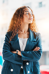 Image showing Business, woman arms crossed and thinking for opportunity, vision and success with new project. Female leader, ceo and manager with skills, leadership and profit growth with future plan or motivation