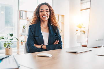 Image showing Business, woman and portrait with arms crossed at desk, office and pride in Colombia startup company. Happy female worker smile at table for corporate motivation, happiness and leadership opportunity