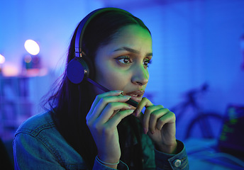 Image showing Talking woman, headphones or live streaming in neon home with esports ideas, pro gaming at night with anxiety. Player, headset or gamer microphone in night house with cyberpunk competition channel