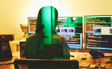 Image showing Developer headset, computer screen or neon coding on cybersecurity ransomware, night phishing or code programming. Programmer, hacker or woman on technology for dark software, iot gdpr or safety scam