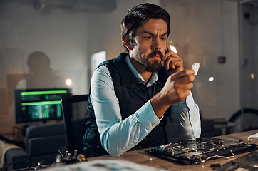 Image showing Computer hardware repair, microchip and serious it worker thinking how to fix a motherboard. Engineering, workshop and electric work of a male engineer working with focus on electrical project