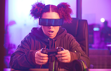 Image showing Night, virtual reality and gaming girl with joystick, innovation and vr metaverse in neon lighting. Female gamer, cyberspace tech and glasses for 3D experience, digital AR fantasy and gen z esports