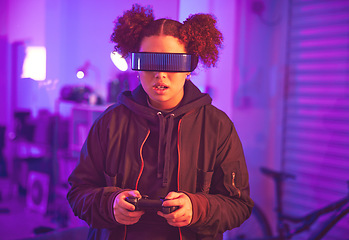 Image showing Metaverse, virtual reality and gaming girl with gamepad, innovation and vr media in neon lighting at night. Female gamer, cyberspace tech and glasses for 3D experience, digital AR fantasy and gen z