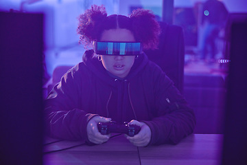 Image showing Night, virtual reality and gamer girl with simulation, innovation and vr metaverse in neon lighting. Female gaming, cyberspace tech and glasses for 3D experience, digital AR fantasy and gen z esports