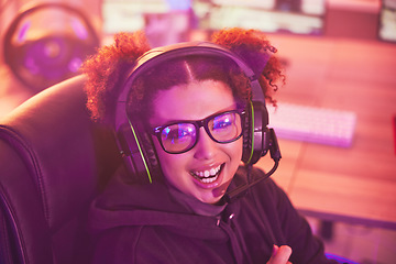 Image showing Happy streamer portrait, video game and girl with headphones in home of esports, online games or virtual media. Excited young female, gamer and gaming on headset in neon lighting, gen z or technology