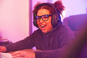 Image showing Happy, wow or woman gamer on computer with microphone playing games, streaming or fun on tech. Smile, excited or esport player female for online competition, gaming progress or achievement in bedroom